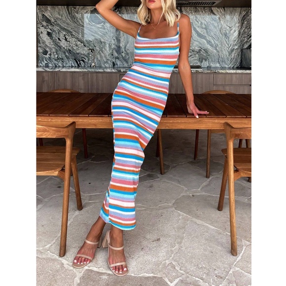 Knit Striped Cami Dress Side Leg Slit Long - Picture 1 of 6